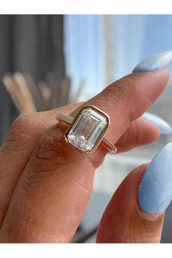 2Ct Emerald Cut Moissanite Bezel Set Ring in 18K Yellow Gold Emerald Engagement Ring for Women US 4.