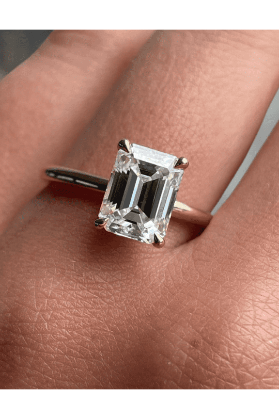 2Ct Emerald Cut Moissanite Solitaire Engagement Ring - Hidden Halo in 14K Rose Gold Emerald Ring for Women, US 5.