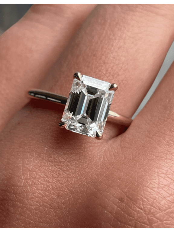 2Ct Emerald Cut Moissanite Solitaire Engagement Ring - Hidden Halo in 18K Rose Gold Emerald Ring for Women, US 8.