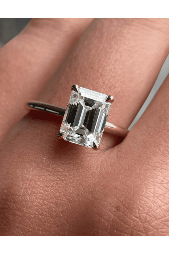 2Ct Emerald Cut Moissanite Solitaire Engagement Ring - Hidden Halo in 18K Rose Gold Emerald Ring for Women, US 8.