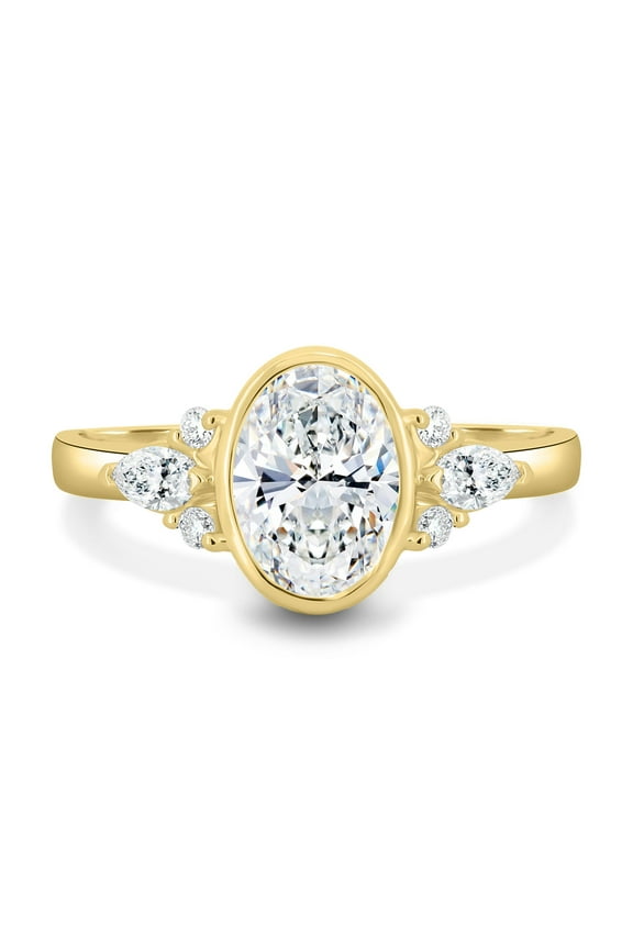2Ct Oval Solitaire Moissanite Engagement Ring with Side Marquise Stone 10K Yellow Gold Floating Bezel Set Ring for her, available in US 8.