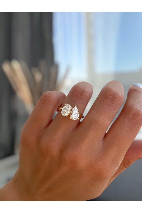 2TCW Oval & Pear Lab Diamond Two Stone Style Engagement Ring, Toi Et Moi Ring for Women in 18K Yellow Gold, available in sizes US 5.