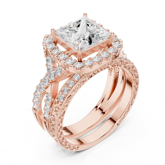 ESTE ORIGIN 2ct Princess Moissanite Halo Wedding Ring Set - Vintage Inspired – Twisted Band with Pave Accents in 10K Rose Gold for Women
