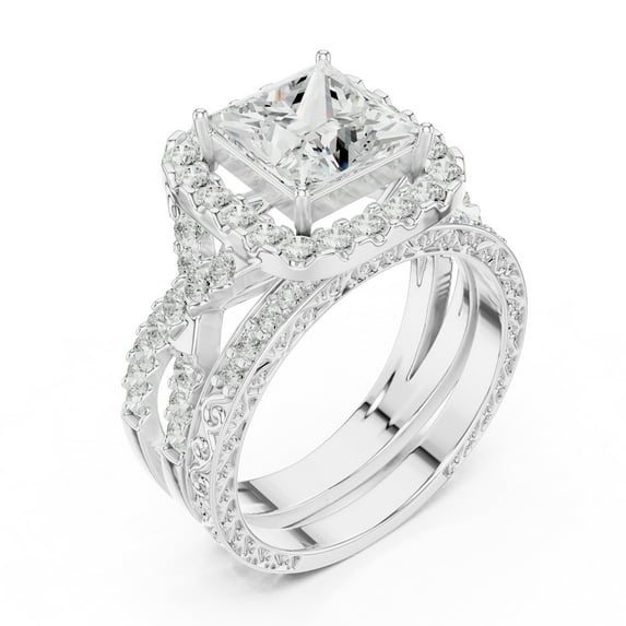 ESTE ORIGIN 2ct Princess Moissanite Halo Wedding Ring Set - Vintage Inspired – Twisted Band with Pave Accents in 10K White Gold for Women