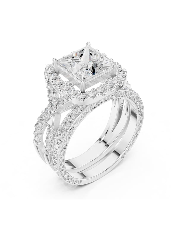 2ct Princess Moissanite Halo Wedding Ring Set - Vintage Inspired – Twisted Band with Pave Accents in 10K White Gold for Women