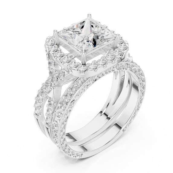 ESTE ORIGIN 2ct Princess Moissanite Halo Wedding Ring Set - Vintage Inspired – Twisted Band with Pave Accents in 14K White Gold for Women