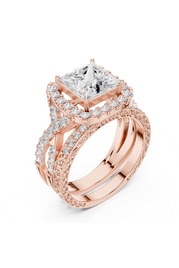2ct Princess cut Lab-Grown Diamond - Halo Wedding Ring Set - Vintage Inspired – Twisted Band with Pave Accents in 14K Rose Gold for Women