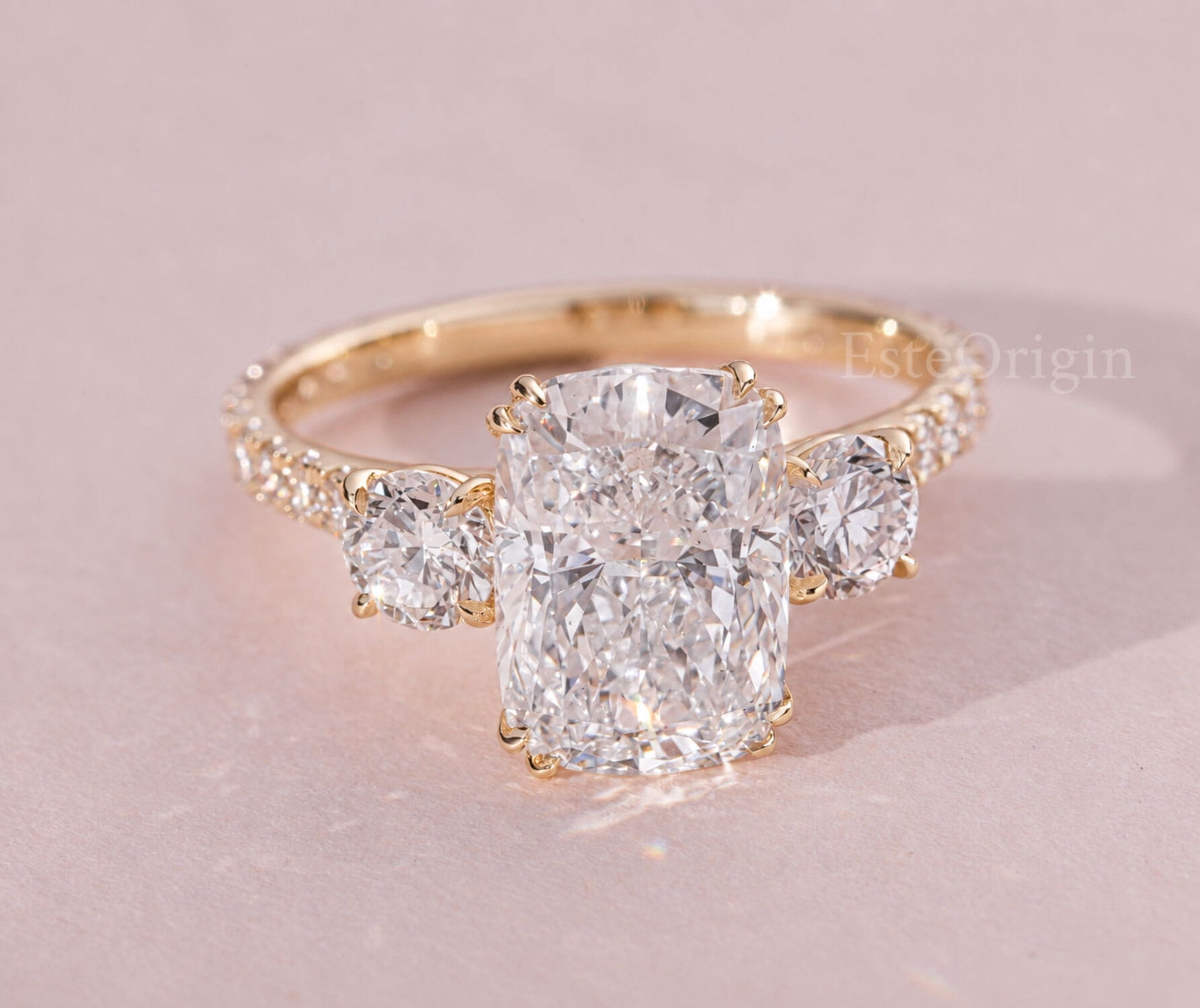 ESTE ORIGIN 3.00 Ct Elongated Cushion Moissanite Three Stone Pave ...