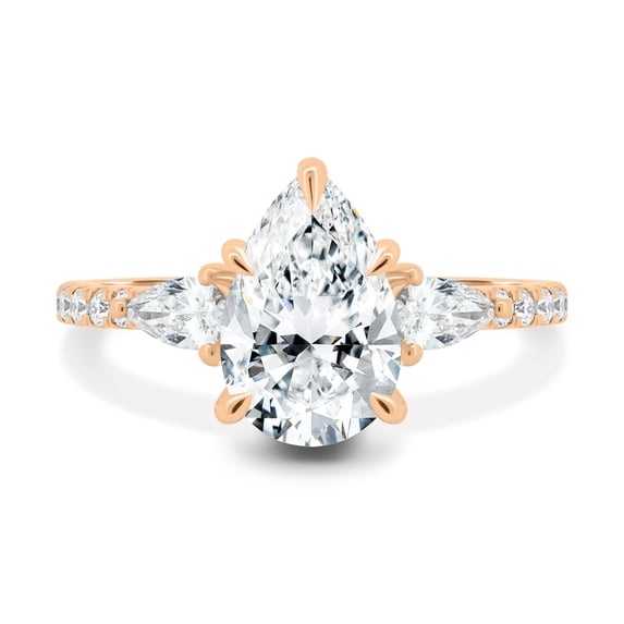 ESTE ORIGIN 3.00 Ct Moissanite Pear Trilogy Ring with Pavé Band in 10K Rose Gold for Women's