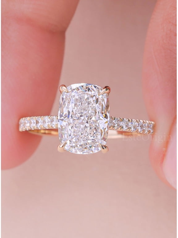 3.00Ct Elongated Cushion Lab Grown Diamond Engagement Ring, Hidden Halo Pavé, 14K Yellow Gold