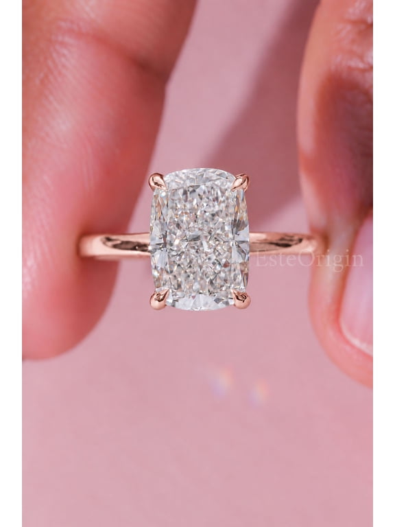 3.00Ct Elongated Cushion Moissanite Engagement Ring, Hidden Halo, 10K Rose Gold