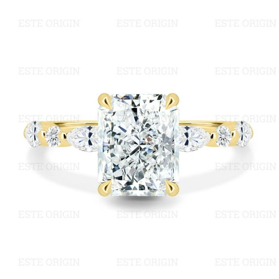 ESTE ORIGIN 3.00Ct Moissanite Radiant Solitaire Ring with Hidden Halo & Accent Band in 14K Yellow Gold for Women