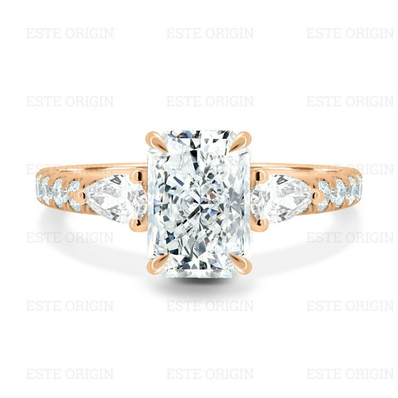 ESTE ORIGIN 3.00Ct Radiant Lab-Grown Diamond Trilogy Ring with Pear Accents & Pavé Band in 10K Rose Gold for Women