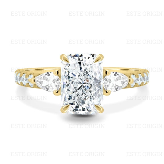ESTE ORIGIN 3.00Ct Radiant Trilogy Moissanite Engagement Ring with Pear Side Stones and Pavé Band in 10K Yellow Gold for Women