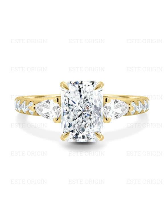 3.00Ct Radiant Trilogy Moissanite Engagement Ring with Pear Side Stones and Pavé Band in 10K Yellow Gold for Women