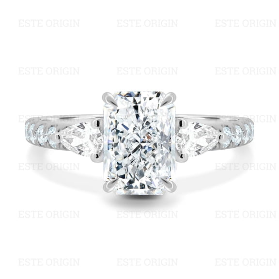ESTE ORIGIN 3.00Ct Radiant Trilogy Moissanite Engagement Ring with Pear Side Stones and Pavé Band in 14K White Gold for Women
