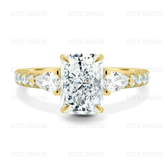 ESTE ORIGIN 3.00Ct Radiant Trilogy Moissanite Engagement Ring with Pear Side Stones and Pavé Band in 14K Yellow Gold for Women