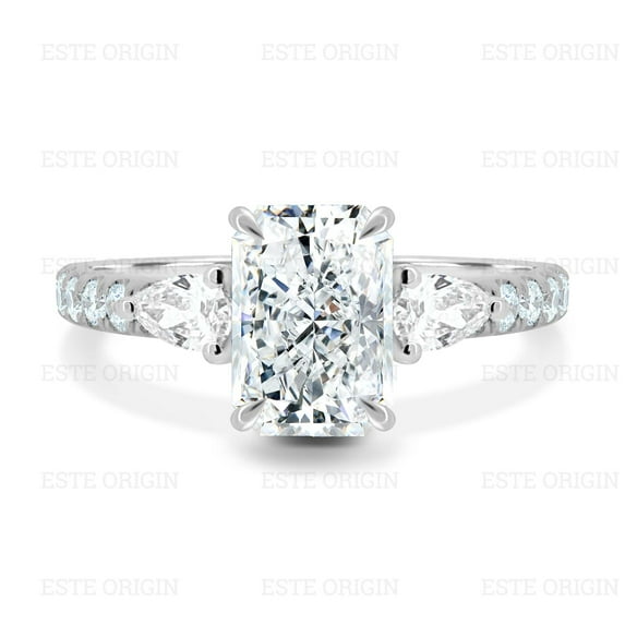 ESTE ORIGIN 3.00Ct Radiant Trilogy Moissanite Engagement Ring with Pear Side Stones and Pavé Band in 18K White Gold for Women