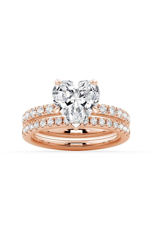 3.5Ct Heart Shape Cut Lab-Grown Diamond Engagement Ring Set with Eternity Pave Band in 14K Rose Gold, Solitaire Bridal Set for Her, US 7.