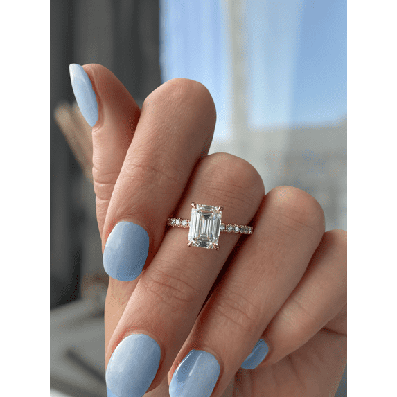 ESTE ORIGIN 3Ct Emerald Cut Lab-Grown Diamond Solitaire Engagement Ring - Hidden Halo & Pave Band in 10K Rose Gold Emerald Ring for Women is available in US 7.5.