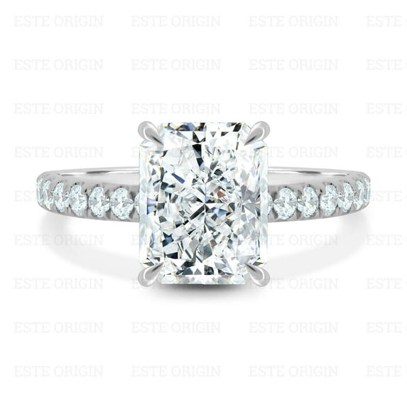 ESTE ORIGIN 3Ct Lab Diamond Radiant Solitaire Ring with Hidden Halo & Pavé Band in 10K White Gold for Women