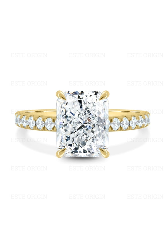 3Ct Lab Diamond Radiant Solitaire Ring with Hidden Halo & Pavé Band in 18K Yellow Gold for Women