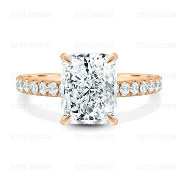 ESTE ORIGIN 3Ct Radiant Moissanite Solitaire Ring with Hidden Halo and Pavé Band in 14K Rose Gold for Women
