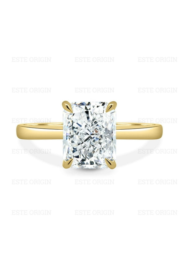 3Ctw Radiant Cut Moissanite Solitaire Ring with Hidden Halo in 10K Yellow Gold for Women
