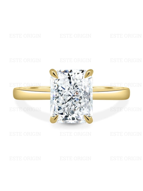 3Ctw Radiant Cut Moissanite Solitaire Ring with Hidden Halo in 14K Yellow Gold for Women