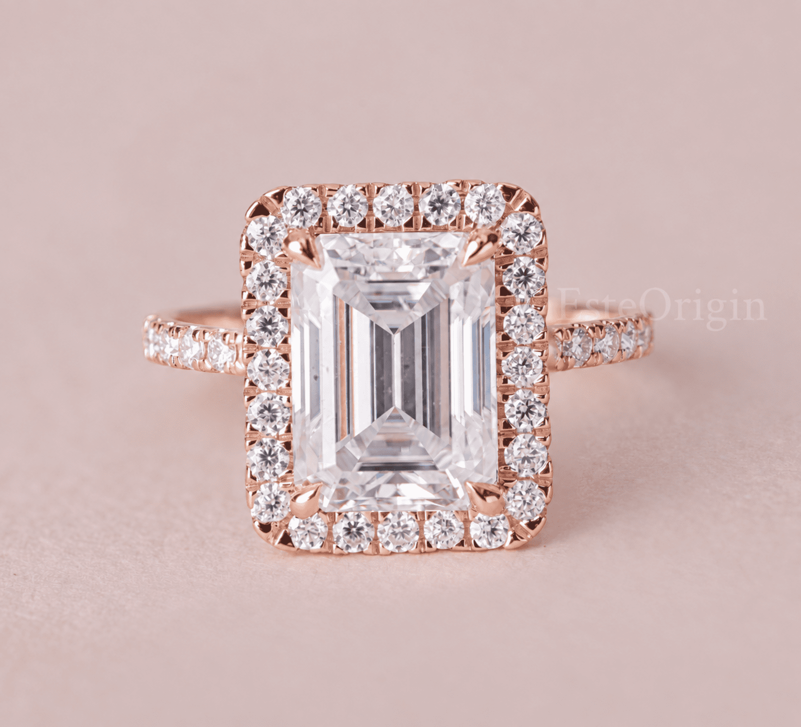 Pave Style Roses ESTE ORIGIN 4.00 Ct Emerald Cut Moissanite Halo Pave Engagement Ring ...