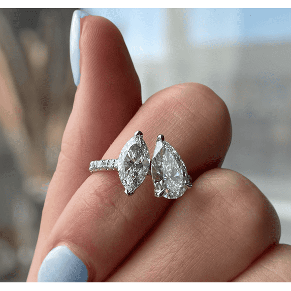 ESTE ORIGIN 4.00Ct Pear & Marquise Cut Lab-Grown Diamond Toi et Moi Engagement Ring – Pavé Cathedral in 18K White Gold for Women US 9