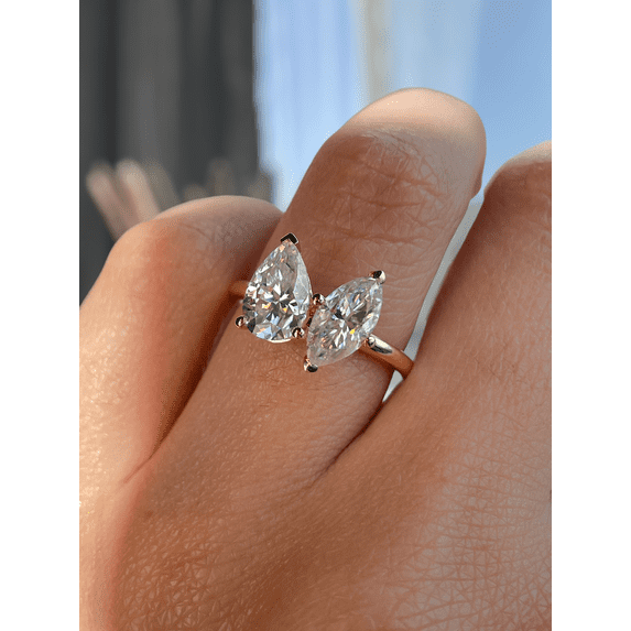 ESTE ORIGIN 4.00Ct Toi-et-Moi Marquise & Pear Moissanite Ring – Dual Center Stones in 18K White Gold for Women US 8