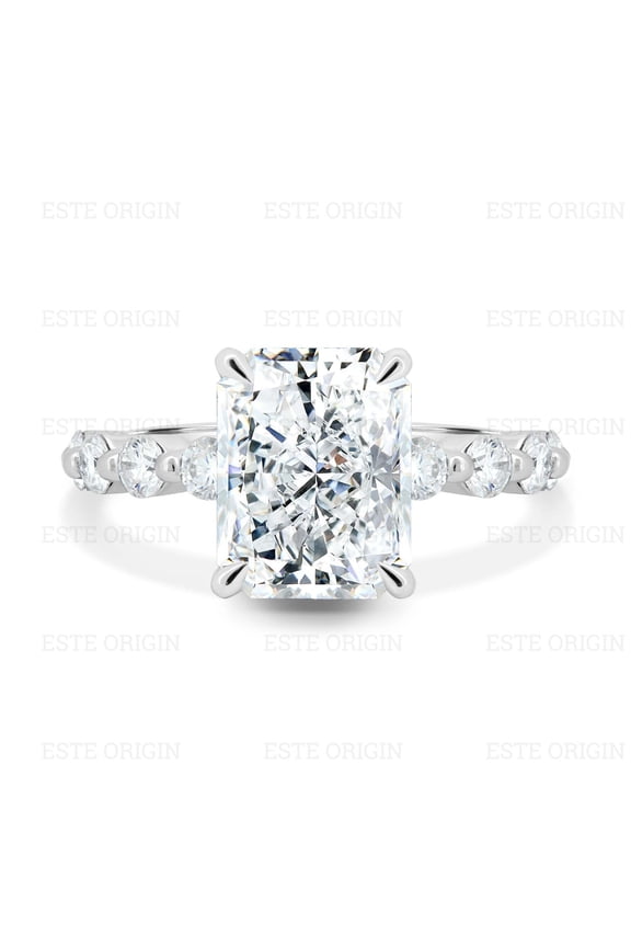4.85Ctw Lab-Grown Radiant Diamond Hidden Halo Ring with Side Stones in 10K White Gold for Women