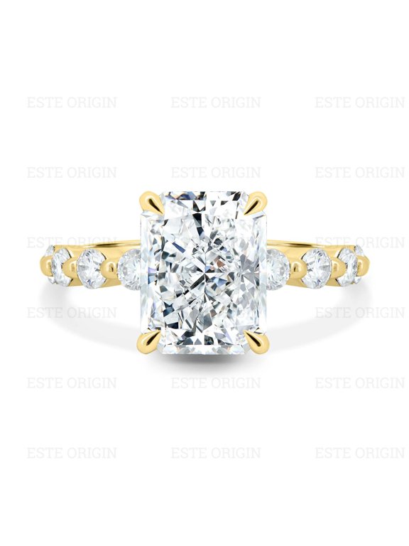 4.85Ctw Lab-Grown Radiant Diamond Hidden Halo Ring with Side Stones in 10K Yellow Gold for Women