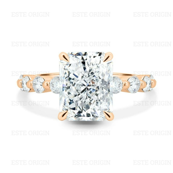 ESTE ORIGIN 4.85Ctw Radiant Moissanite Solitaire with Hidden Halo & Side Stones in 14K Rose Gold for Women