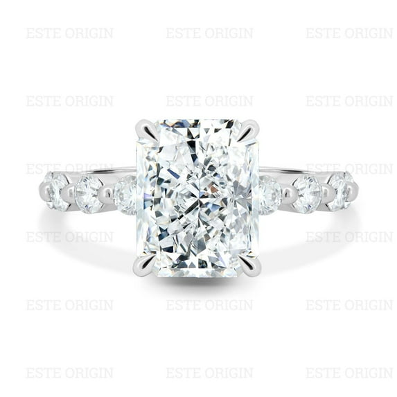 ESTE ORIGIN 4.85Ctw Radiant Moissanite Solitaire with Hidden Halo & Side Stones in 18K White Gold for Women
