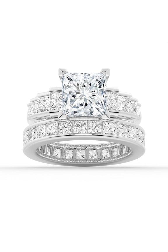 4Ct Princess Cut Lab-Grown Diamond Engagement Ring Set - Bridal Wedding Ring Set with Eternity Band 10K White Gold US 6