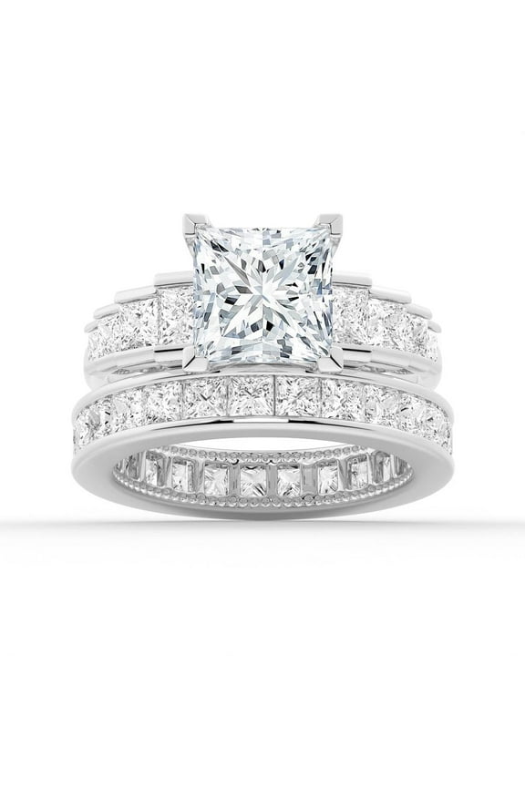 4Ct Princess Cut Lab-Grown Diamond Engagement Ring Set - Bridal Wedding Ring Set with Eternity Band 10K White Gold US 8.5