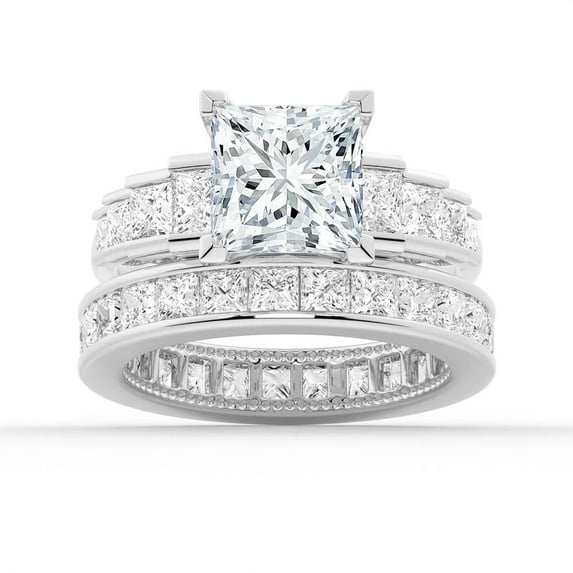 ESTE ORIGIN 4Ct Princess Cut Lab-Grown Diamond Engagement Ring Set - Bridal Wedding Ring Set with Eternity Band 10K White Gold US 9.5