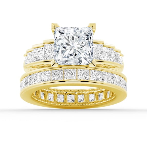ESTE ORIGIN 4Ct Princess Cut Lab-Grown Diamond Engagement Ring Set - Bridal Wedding Ring Set with Eternity Band 14K Yellow Gold US 7