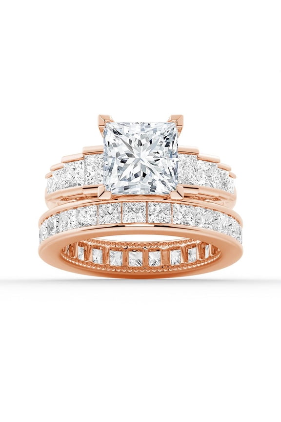 4Ct Princess Cut Lab-Grown Diamond Engagement Ring Set - Bridal Wedding Ring Set with Eternity Band 18K Rose Gold US 6