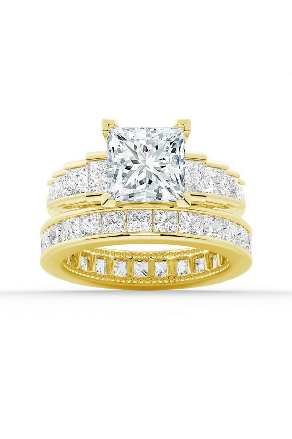 4Ct Princess Cut Lab-Grown Diamond Engagement Ring Set - Bridal Wedding Ring Set with Eternity Band 18K Yellow Gold US 4