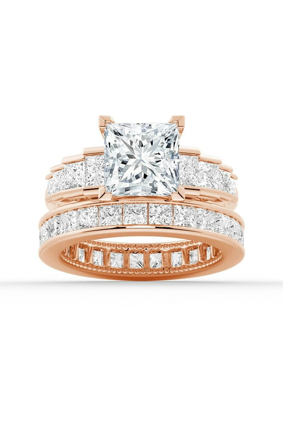 4Ct Princess Cut Moissanite Engagement Ring Set - Bridal Wedding Ring Set with Eternity Band 14K Rose Gold US 6.5
