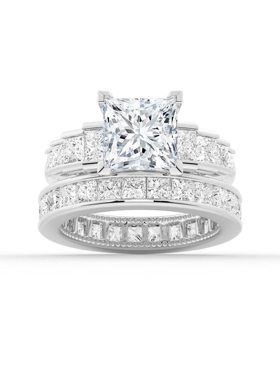 4Ct Princess Cut Moissanite Engagement Ring Set - Bridal Wedding Ring Set with Eternity Band 18K White Gold US 9