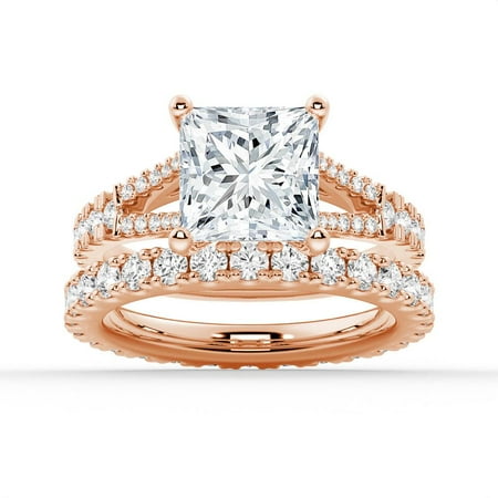 ESTE ORIGIN 4Ct Princess Cut Moissanite Engagement Ring Set with Split Shank & Pavé Wedding Band in 10K Rose Gold Bridal Set for Her US 9