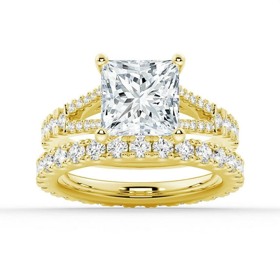 ESTE ORIGIN 4Ct Princess Cut Moissanite Engagement Ring Set with Split Shank & Pavé Wedding Band in 10K Yellow Gold Bridal Set for Her US 9.5
