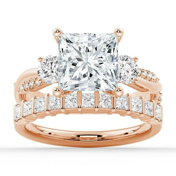 ESTE ORIGIN 4Ct Princess Cut Three Stone Moissanite Engagement/Wedding/Bridal Ring Set with Twisted Vine Band & Channel Set Band in 18K Rose Gold for Her US 4