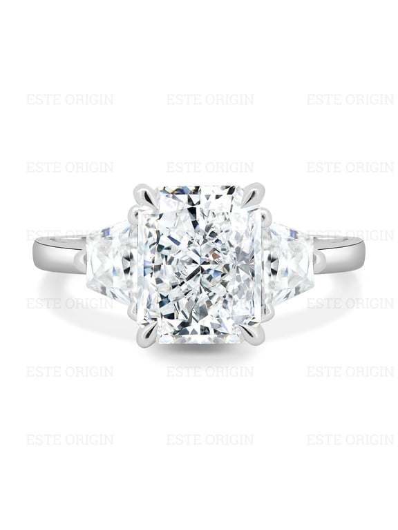 4Ct Radiant Cut Moissanite Trilogy Ring with Trapezoid Accents in 10K White Gold for Women