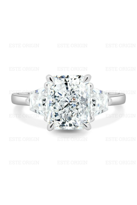 4Ct Radiant Cut Moissanite Trilogy Ring with Trapezoid Accents in 10K White Gold for Women