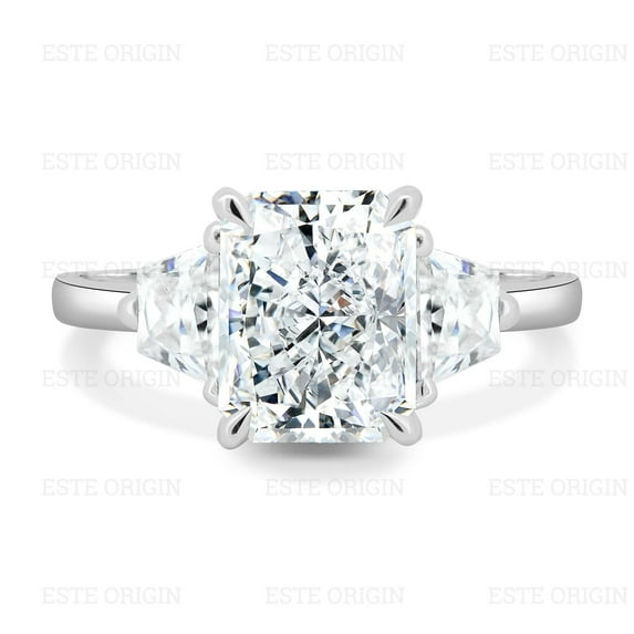 ESTE ORIGIN 4Ct Radiant Cut Moissanite Trilogy Ring with Trapezoid Accents in 18K White Gold for Women